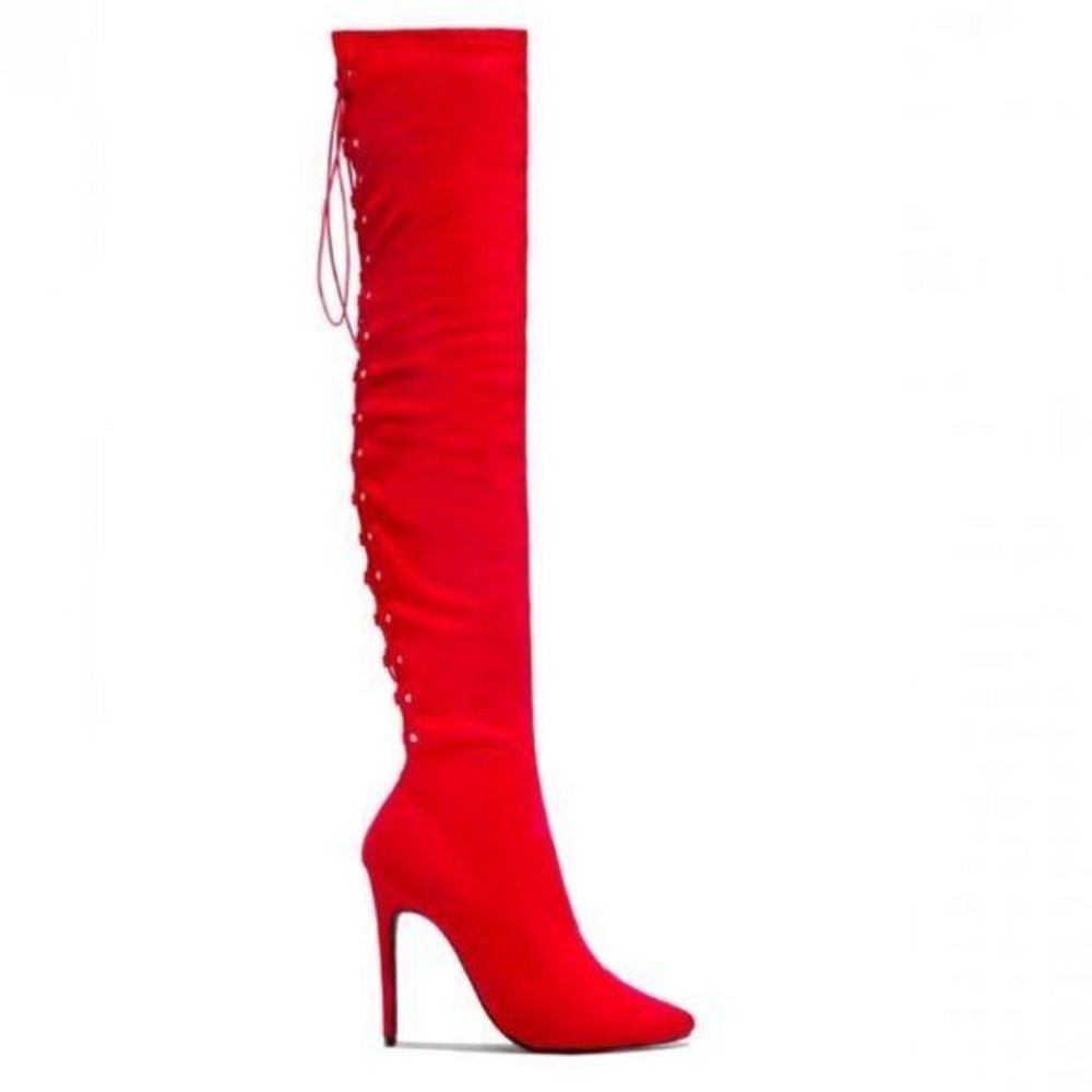 NEW !! Stretchy Over the Knee Lace Up Boots in Red - Picture 4 of 10